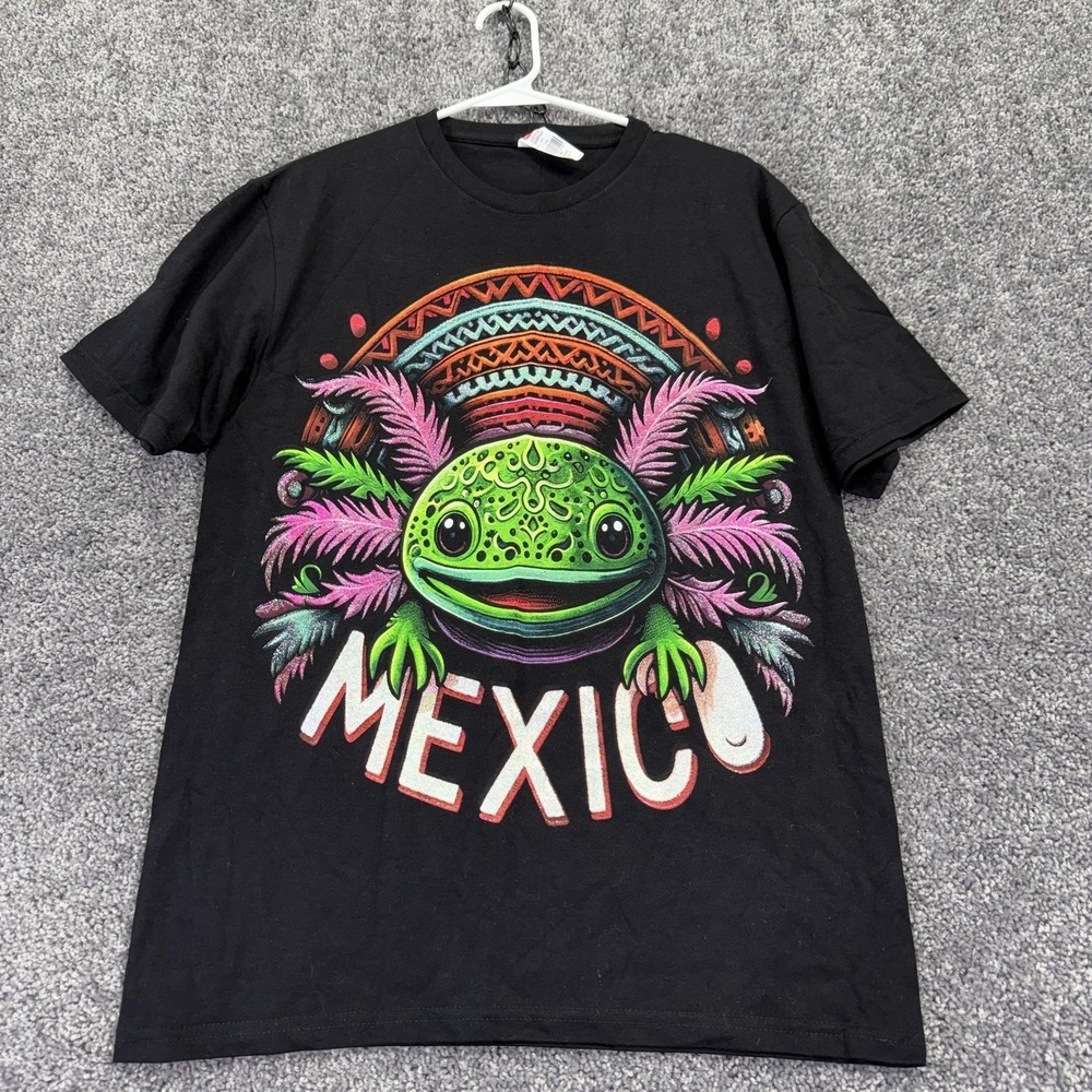 Euro Cotton Shirt Mens Medium Black Mexico Axolotl Graphic Tee Travel Colorful
